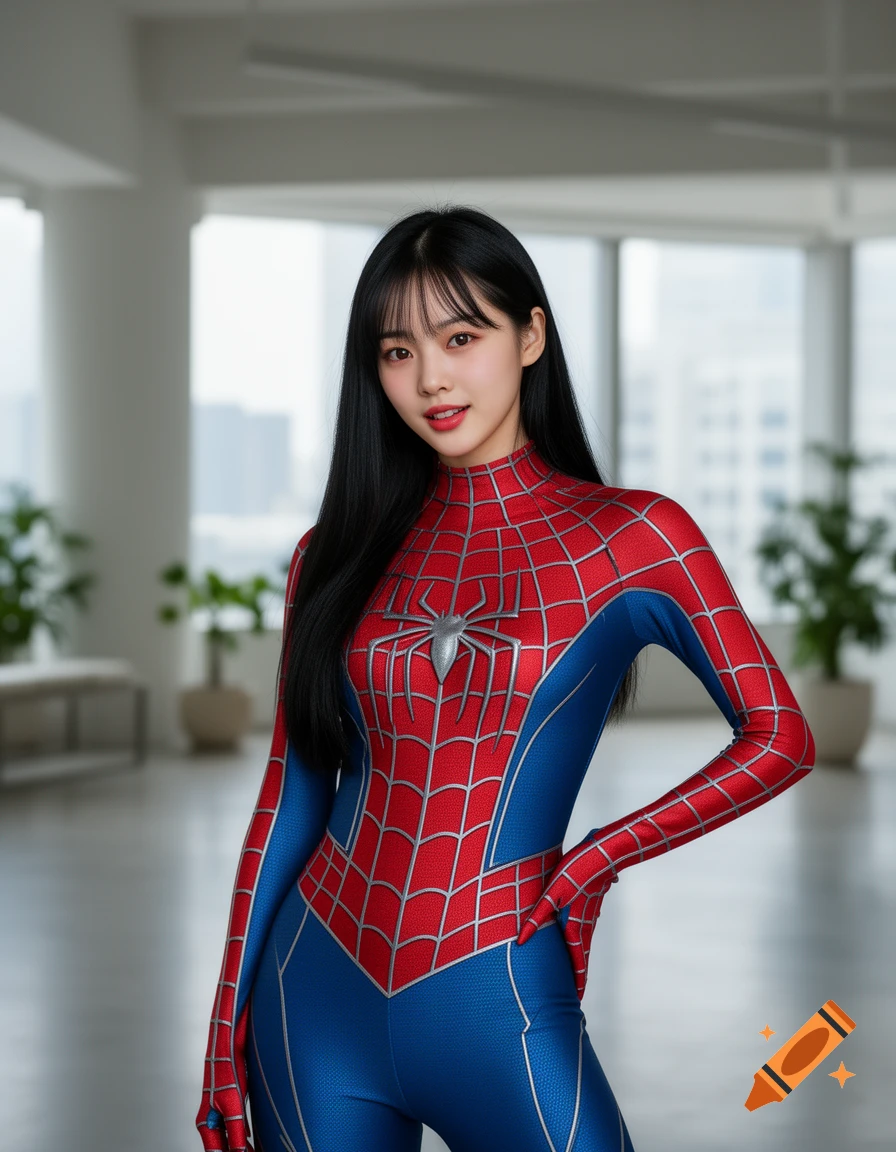 A woman with long black hair in a photorealistic Spiderman suit with a silver emblem, posing indoors.