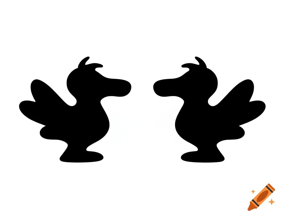 Two identical black silhouettes of simplified, stylized birds resembling Woodstock, facing each other on a white background.