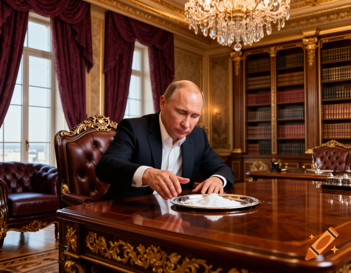 Vladimir Putin leans over a large wooden desk with a silver tray of white powder in a grand, ornate luxury office.