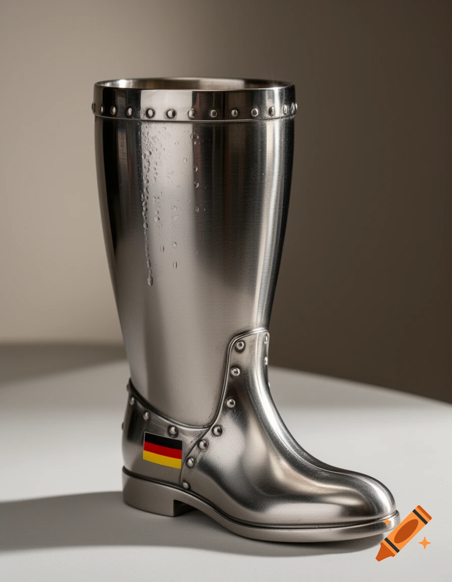 Photorealistic stainless steel German Das Boot drinking glass with condensation and a German flag on a neutral table.