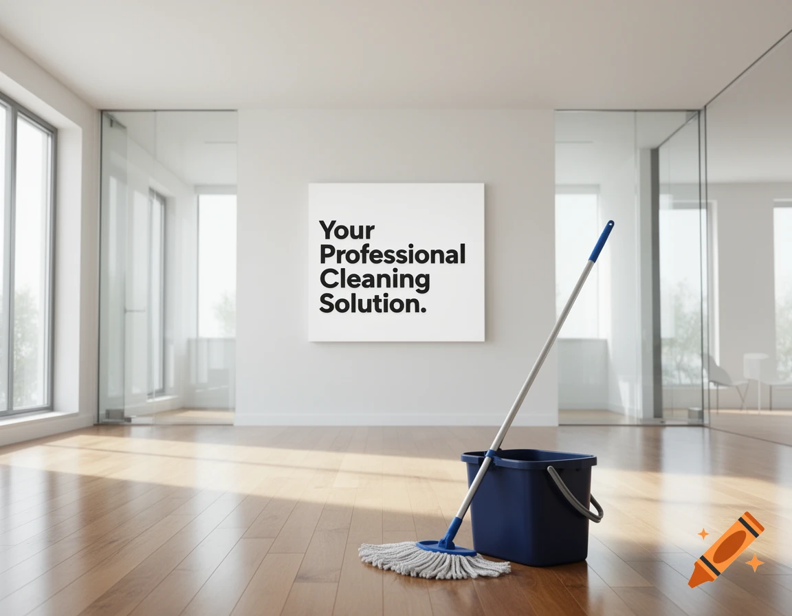 A mop and bucket on a wooden floor in a clean, modern office with a sign saying "Your Professional Cleaning Solution".
