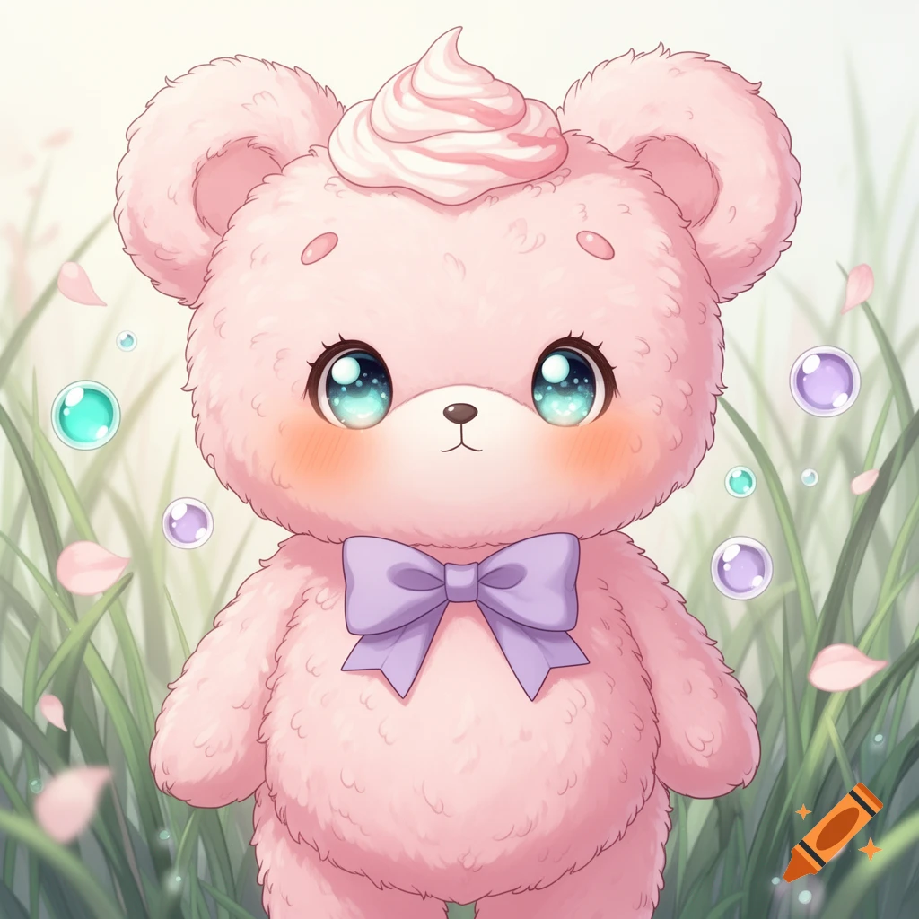 A super cute pink teddy bear with large sparkling eyes, a purple bow, and a swirl of pink whipped cream on its head, standing in green grass with bubbles and falling petals.