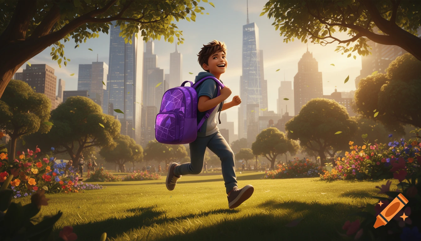 Joyful cartoon teenage boy with a purple backpack running through a sunny city park with a skyline.