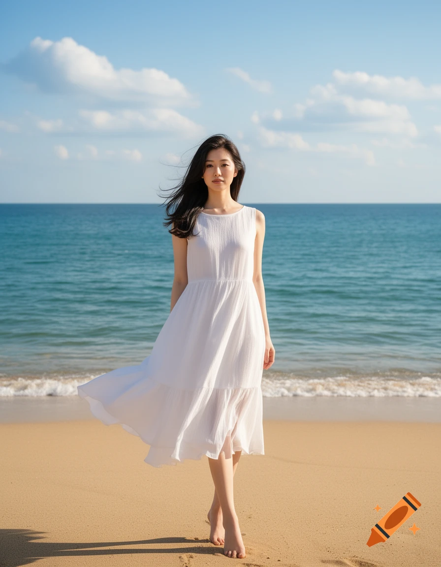 A Japanese woman in a white summer dress stands barefoot on a sandy beach with the ocean and blue sky in the background.