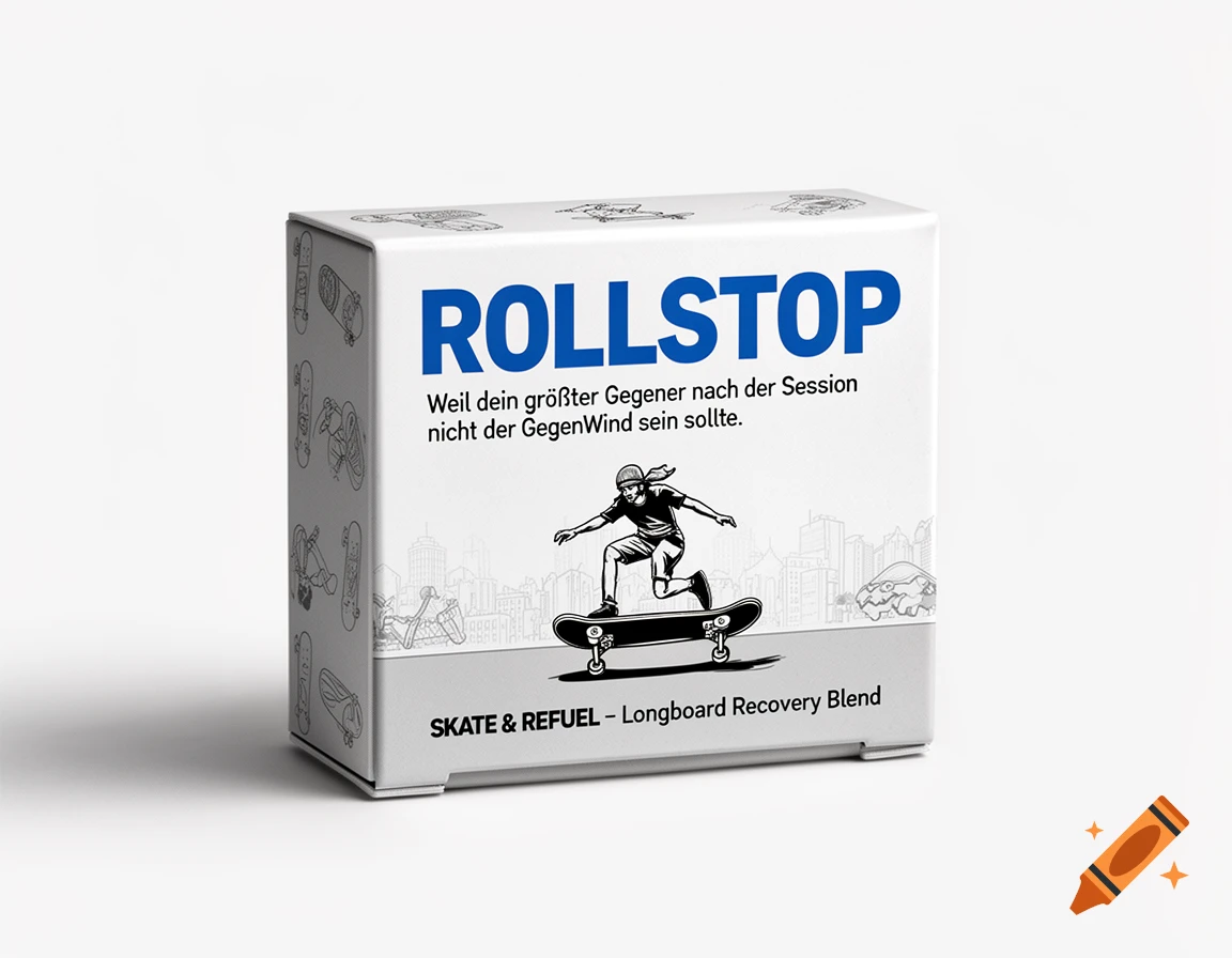 A white product box for 'ROLLSTOP' with blue text, a German slogan, and a black-and-white illustration of a skateboarder.