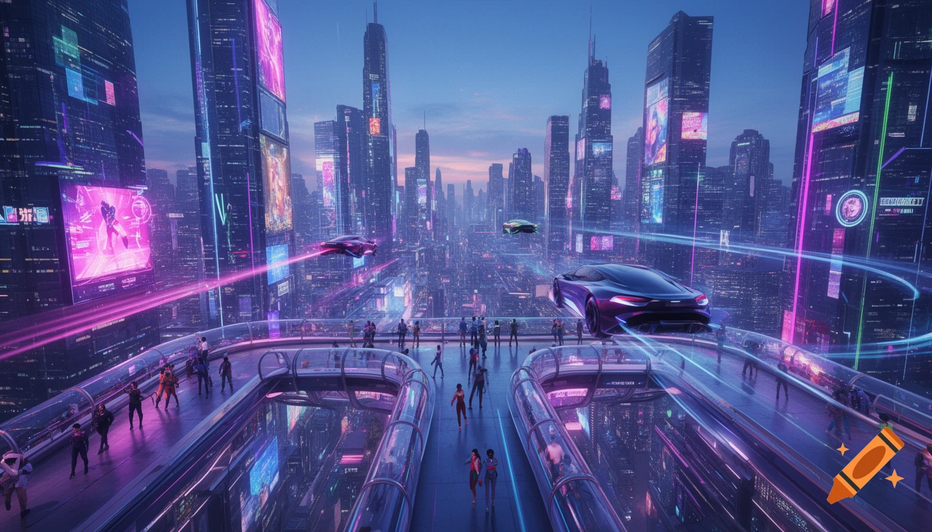 Futuristic city at dusk with neon-lit skyscrapers, flying cars, and people on elevated walkways.