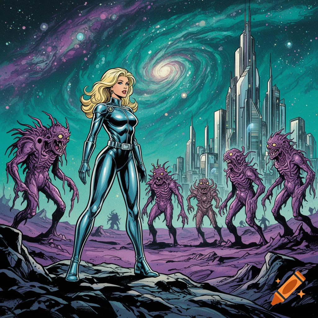 Blonde female space cop on an alien planet with purple monsters, a futuristic city, and a swirling galaxy in comic art style.