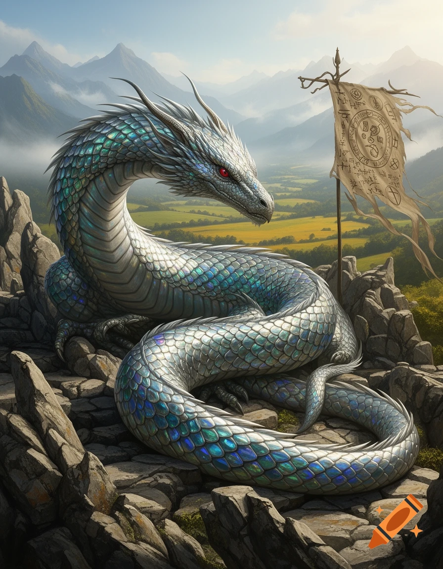 An iridescent silver dragon with red eyes rests on a rocky mountain peak overlooking a lush valley with mountains in the distance, a tattered flag beside it.