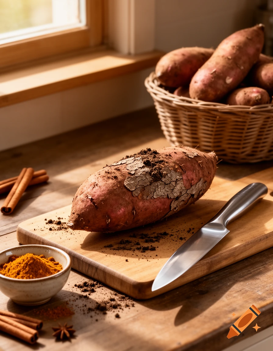 A large sweet potato with soil on a wooden cutting board next to a knife, spices, and a basket of sweet potatoes in a sunlit kitchen.