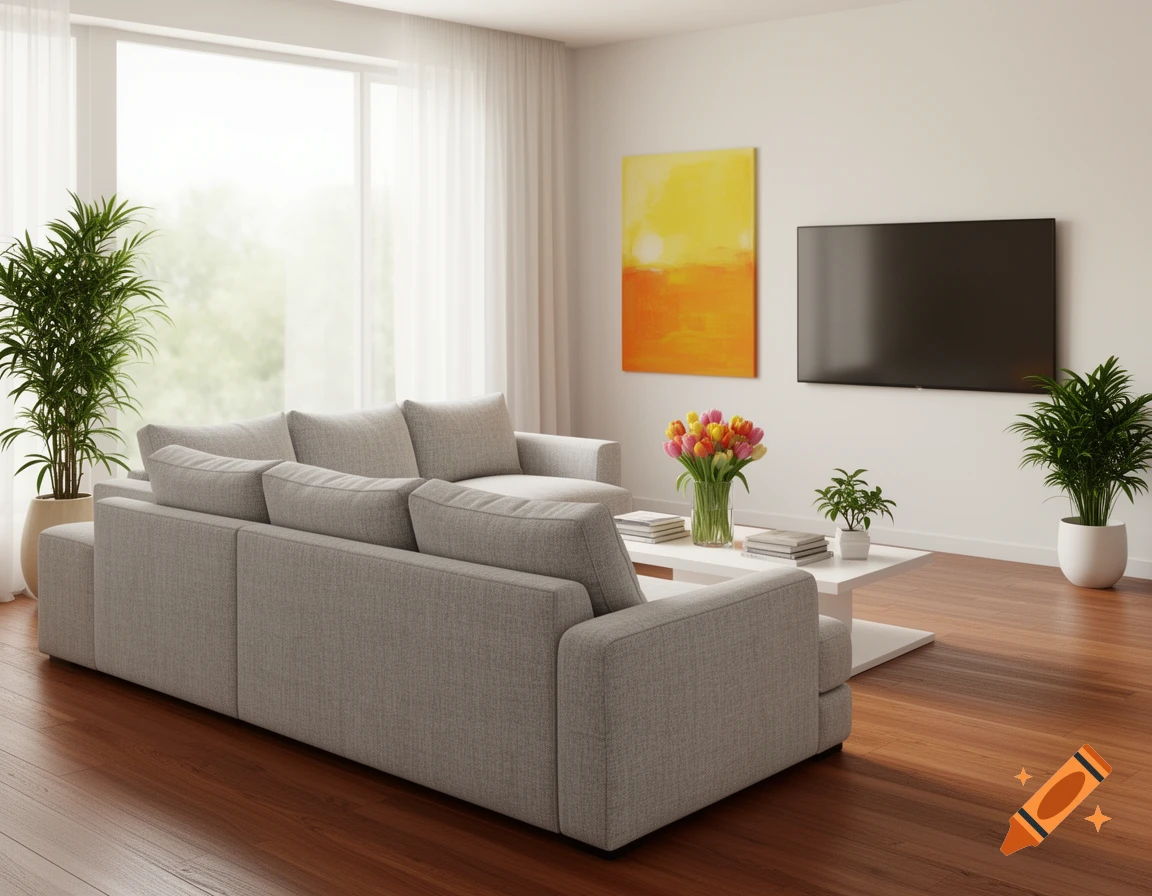 Modern living room with a gray sectional sofa, white coffee table with tulips, potted plants, and a wall-mounted TV.