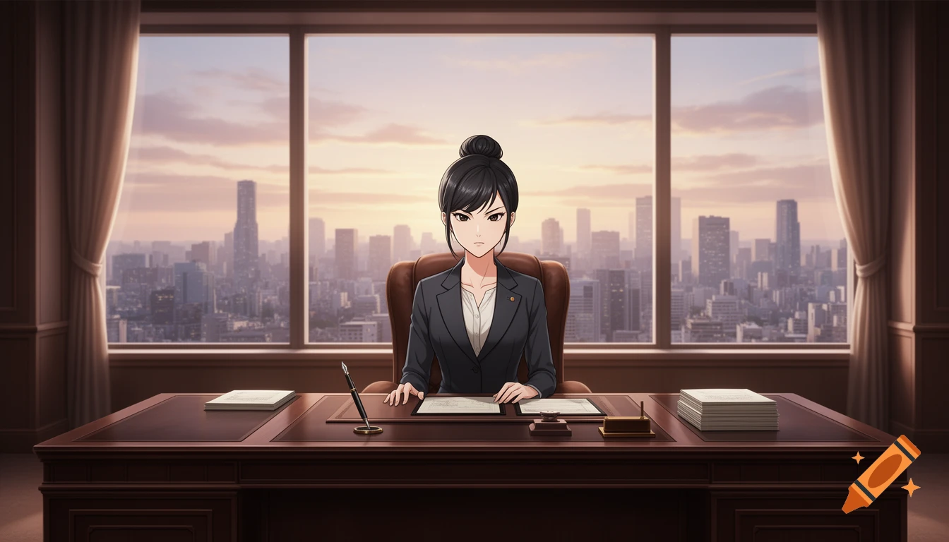 An anime woman in a suit sits behind a large desk in a high-rise office, with a panoramic city view at sunset behind her.