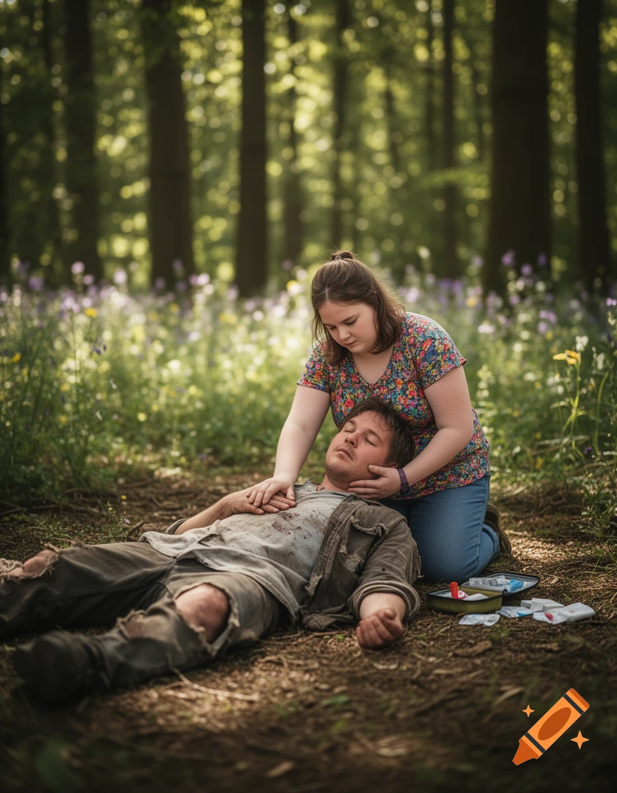 A woman tends to an injured man lying on the forest floor, with a first aid kit beside her.