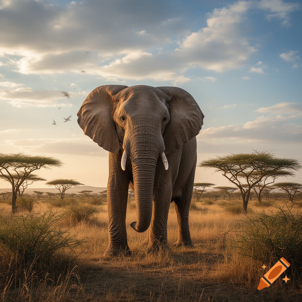 A photorealistic image of a large African elephant standing in a golden savanna with acacia trees under a cloudy sunset sky.