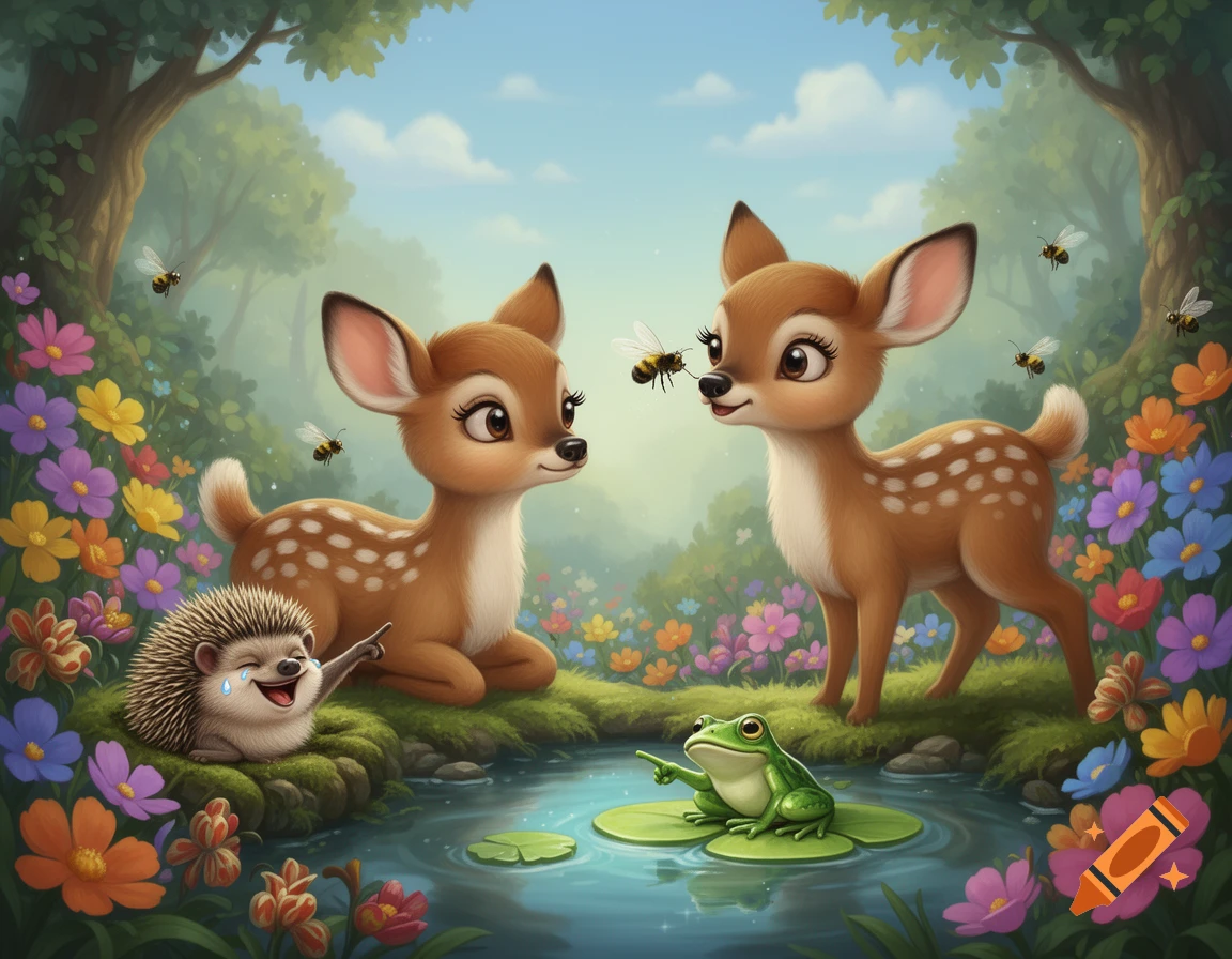Two cute fawns, a laughing hedgehog, and a frog in a whimsical fairytale forest with colorful flowers and bees.