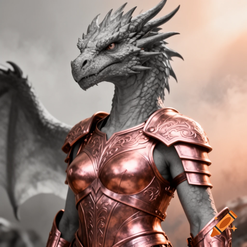A close-up of a grey dragon-like humanoid wearing ornate, shiny copper armor, with large wings visible behind.