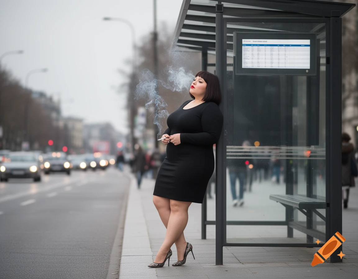 A woman in a black dress and high heels leans against a bus stop, smoking a cigarette on a city street.