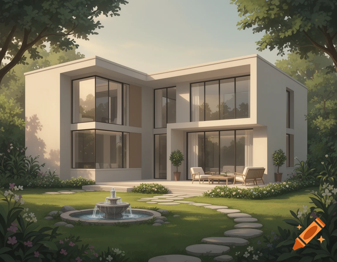 A clean, modern two-story house with large windows, a lush green garden, a stone path, and a tiered fountain.