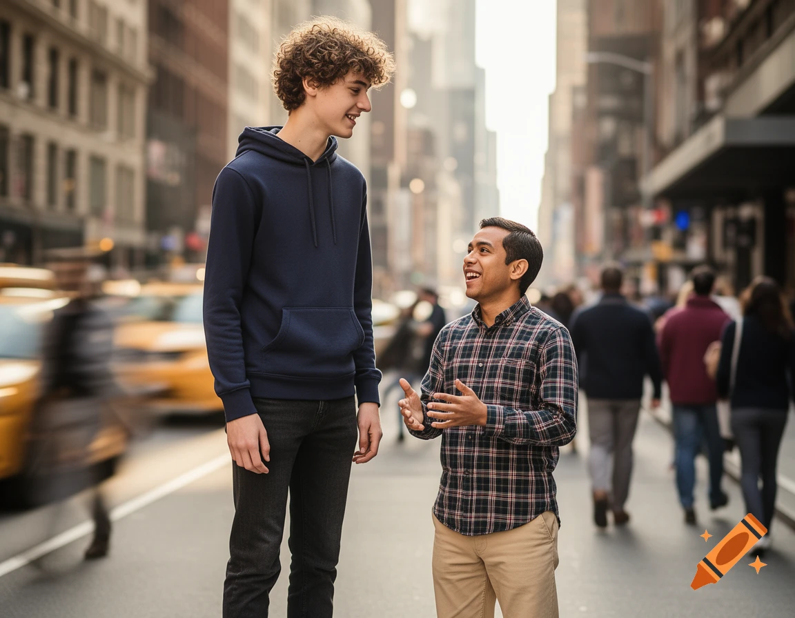 A very tall young man and a shorter man smiling and talking on a bustling city street with blurred yellow taxis.