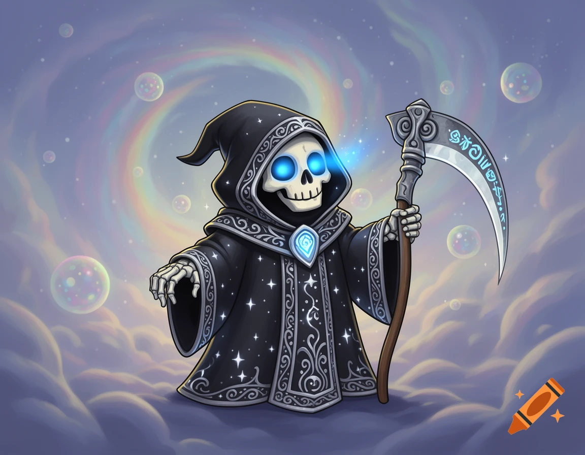 A cute cartoon grim reaper with glowing blue eyes holds a scythe, standing on clouds with bubbles and a rainbow spiral in the background.
