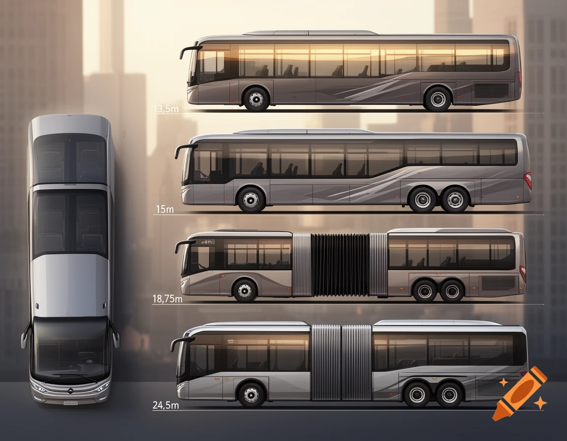 A technical diagram shows five different bus models. On the left, a double-decker bus is viewed from above. On the right, four buses are shown in side profile, each labeled with its length: 13.5m, 15m, 18.75m, and 24.5m.