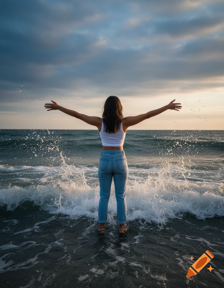 A young woman in a white crop top and jeans stands with arms outstretched in shallow ocean water at sunset, seen from behind.
