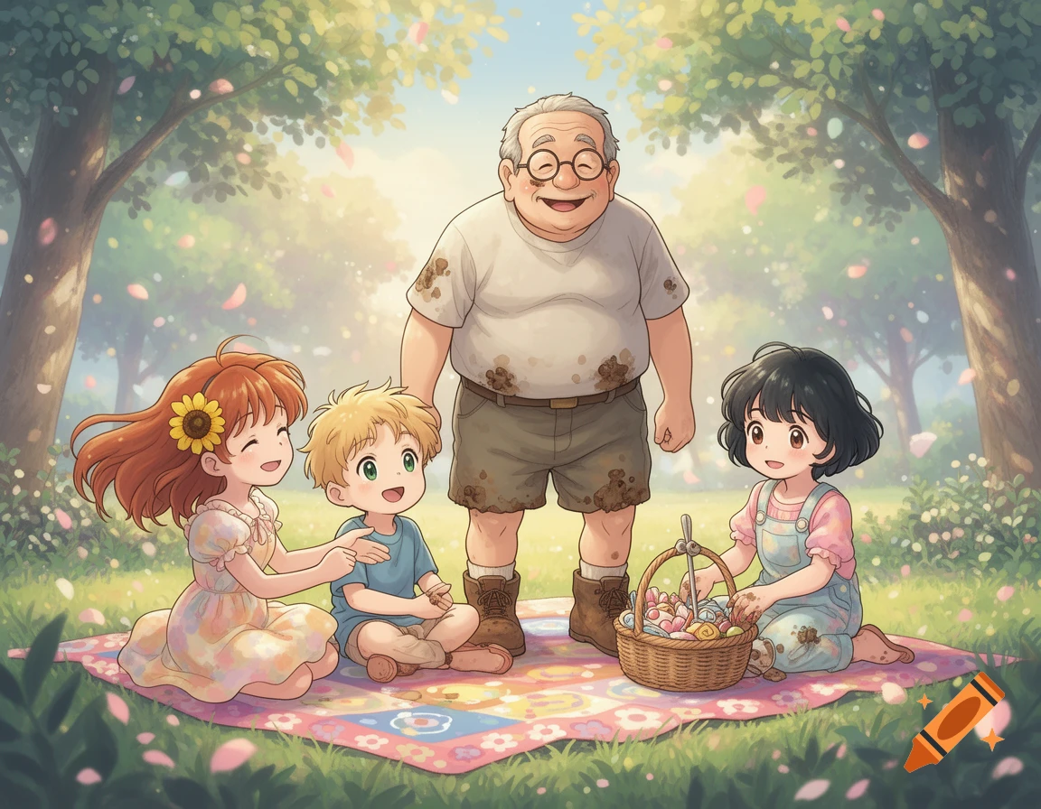 A happy grandpa and three children have a picnic on a blanket in a park with falling flower petals, in Ghibli style.