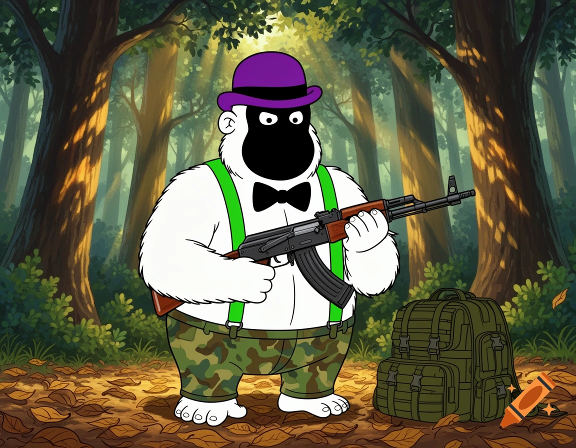 A white cartoon gorilla-like character with a black face, purple bowler hat, and green suspenders holds an AK-47 in a forest, with a green tactical backpack nearby. Hanna Barbara style.