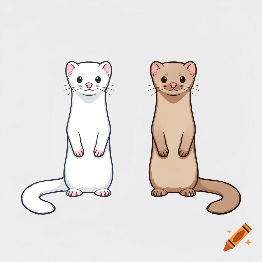 Minimalist vector illustration of two cute ermines standing upright, one white, one brown, on a light gray background.