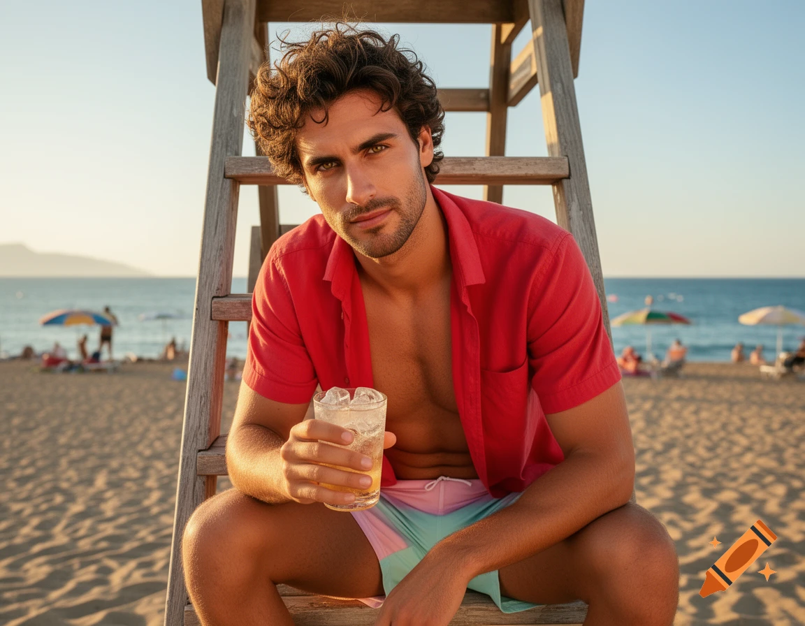 A photorealistic image of a man with curly hair sitting on a lifeguard chair on a sunny beach, holding a cold drink and smirking.