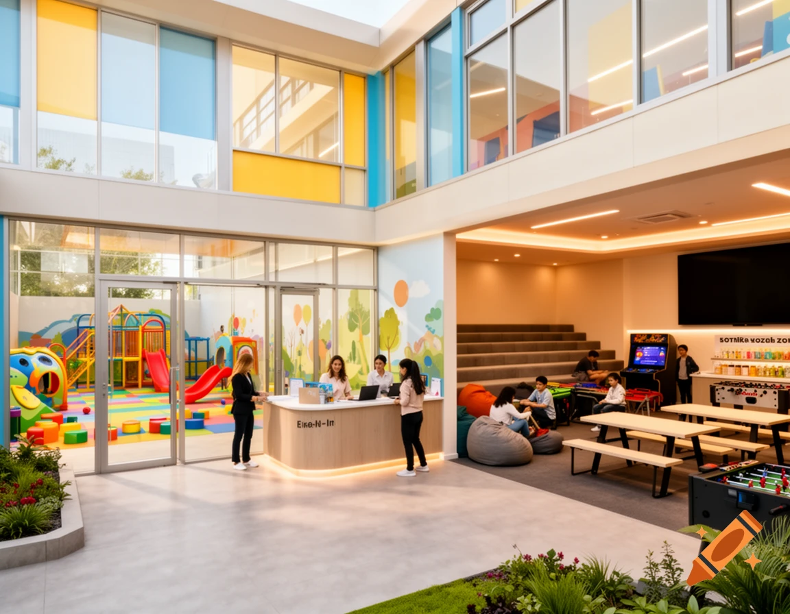 Modern indoor recreation center with a colorful playground, reception desk, teen lounge with games, and snack area, bathed in natural light.