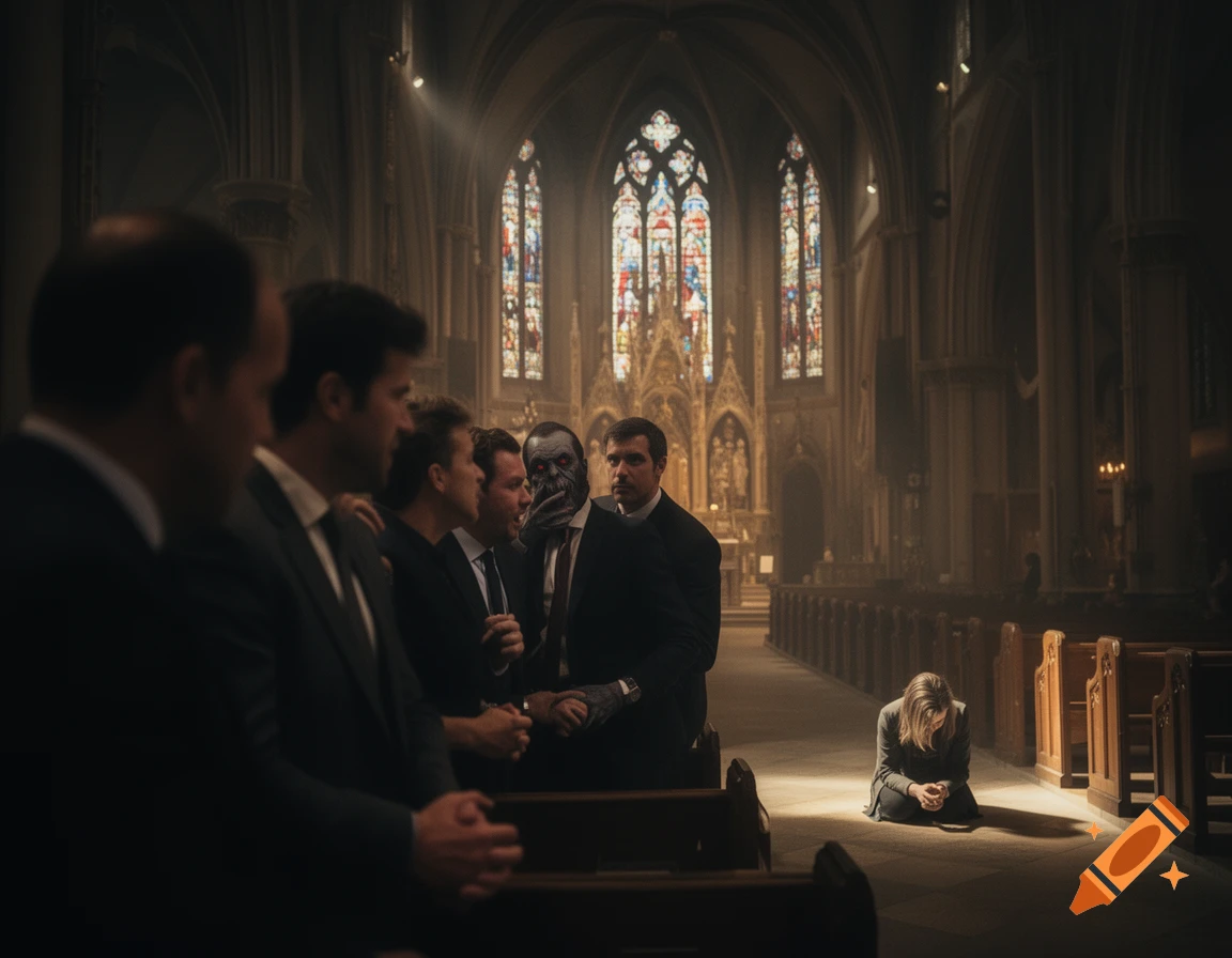 A group of men in suits, one with a monster-like face, standing in a dim church while a woman kneels in a ray of light.