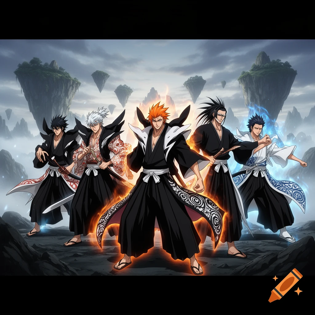Five anime-style male warriors with glowing auras pose heroically in a fantasy landscape with floating islands.