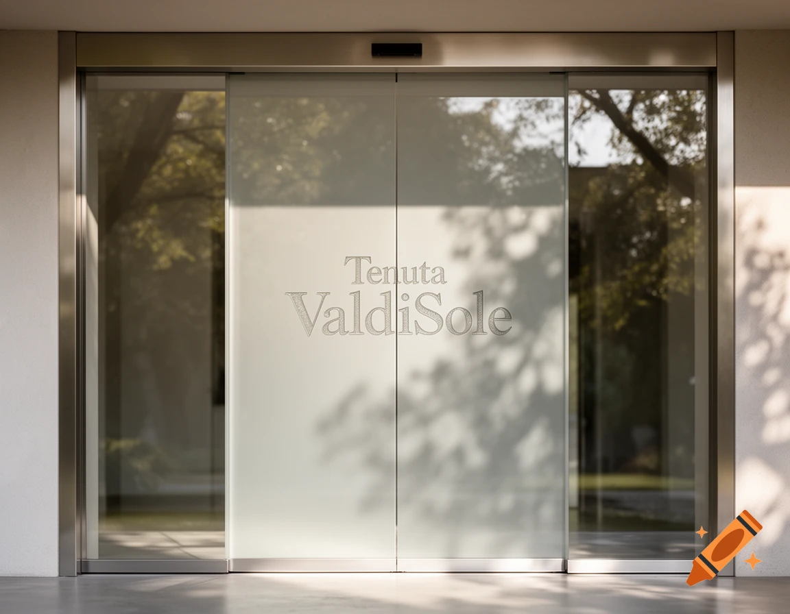 An automatic glass sliding door with 'Tenuta ValdiSole' printed on its frosted panels, reflecting trees outside.