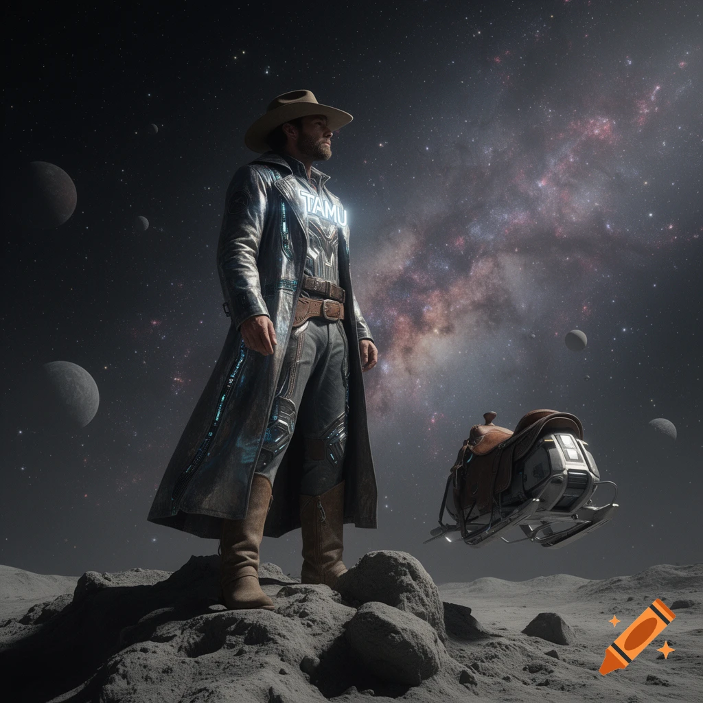 A photorealistic space cowboy with a glowing 'TAMU' on his chest stands on a rocky alien moon, gazing at a starry galaxy and planets, a futuristic hover-saddle beside him.