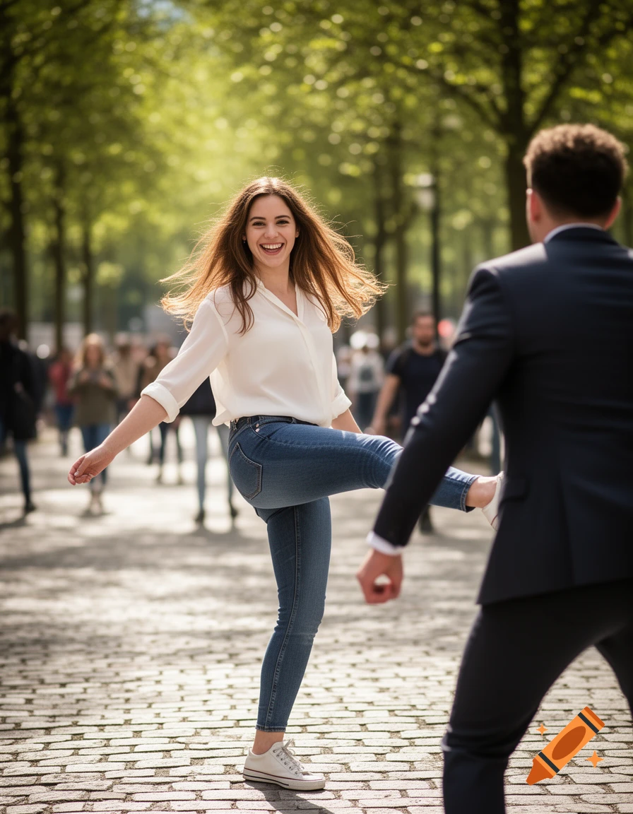 A smiling woman in jeans playfully kicks a man in a suit on a cobblestone path in a sunny park. Photorealistic style.