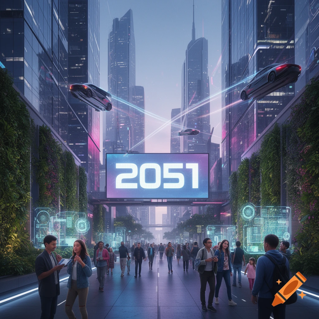 Futuristic city street at dusk with flying cars, a large '2051' screen, and people walking.