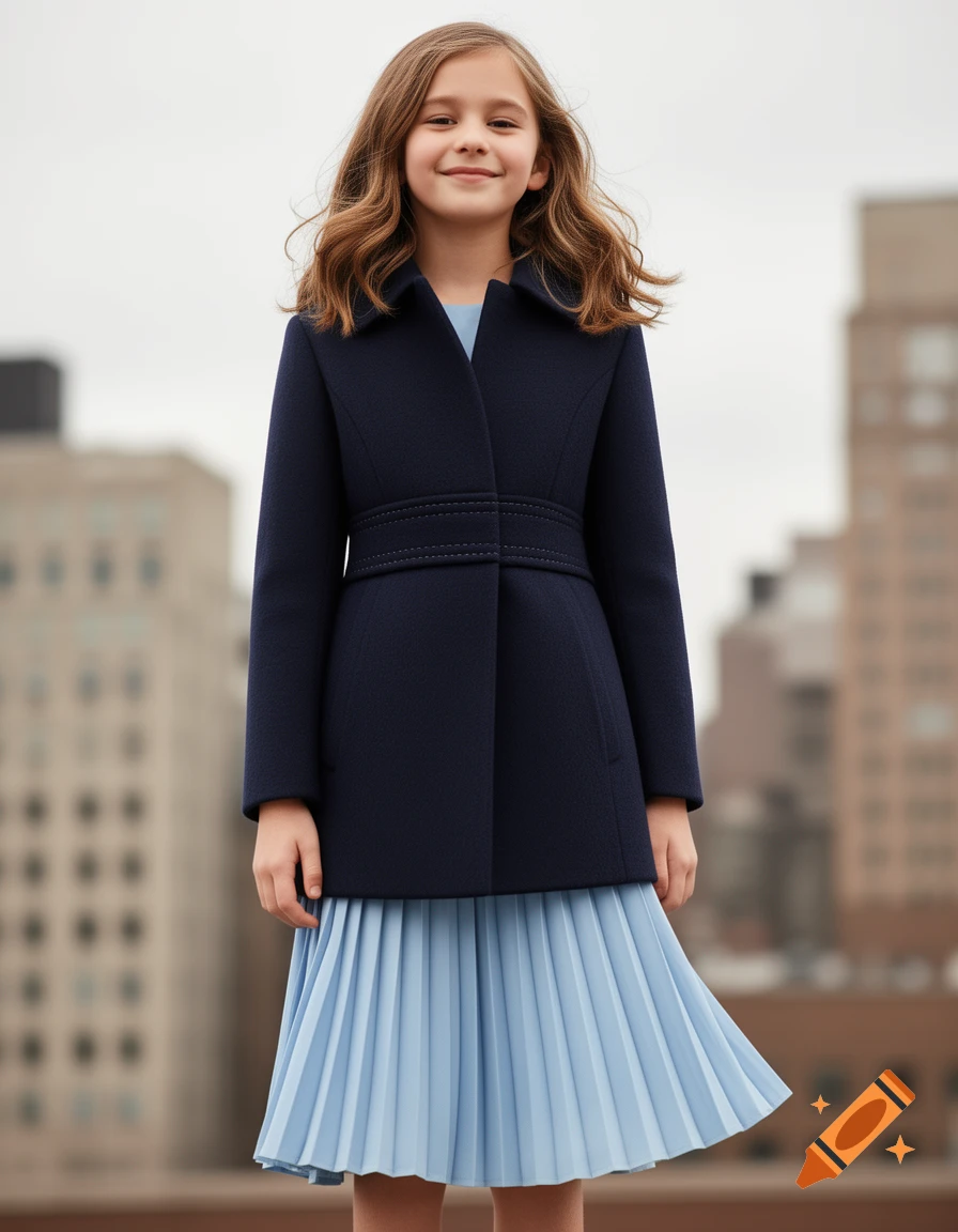 A young girl in a navy blue coat and light blue pleated skirt smiles, standing outdoors with blurred city buildings.