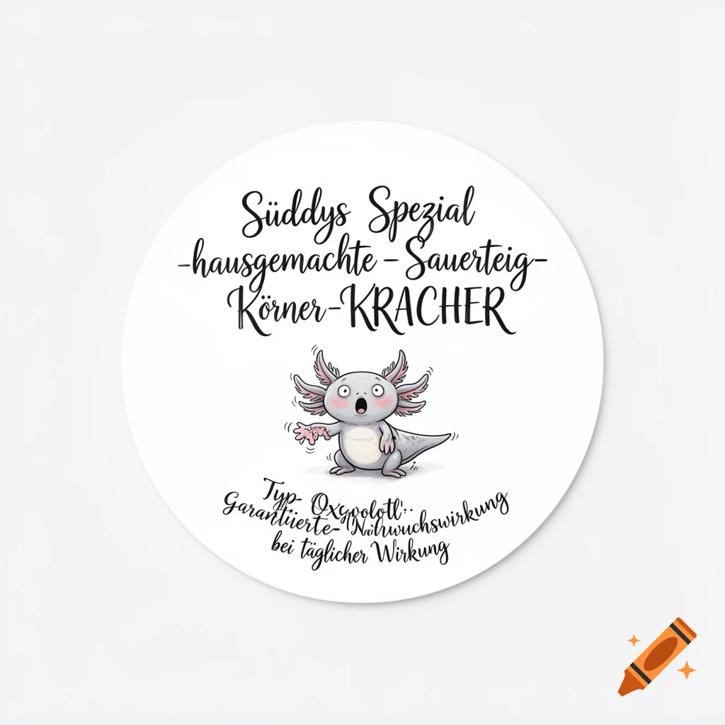 A round sticker featuring a surprised cartoon axolotl with a regrowing arm, surrounded by German text in a modern calligraphy style.
