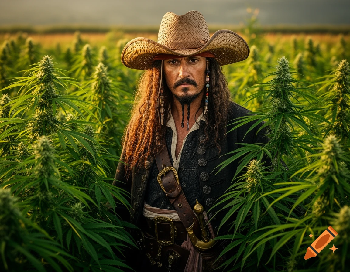 A man resembling Captain Jack Sparrow in a cowboy hat and pirate clothing stands in a sunny field of cannabis plants.