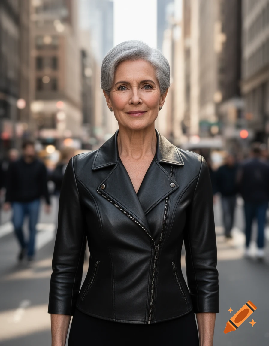 Photorealistic portrait of an older woman with short gray hair and a black leather jacket, standing on a blurry city street.
