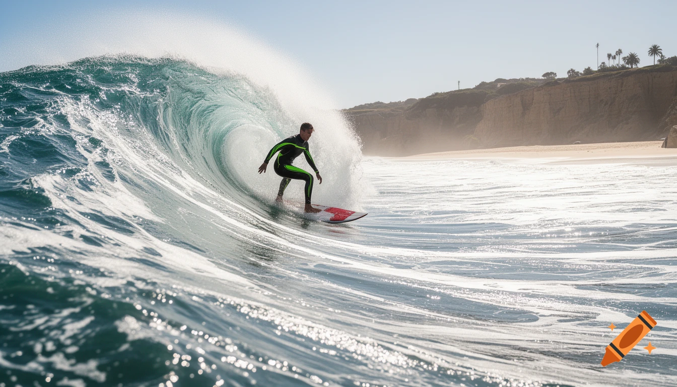 A surfer in a black and green wetsuit rides a large, clear wave with a sandy beach and cliffs in the background.