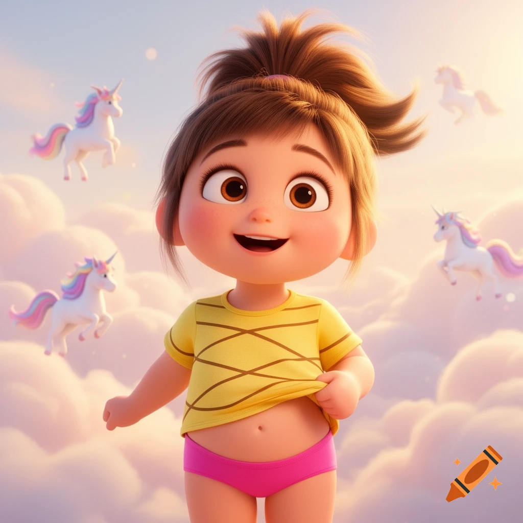 A cute cartoon girl with brown hair in a bun wears a yellow shirt and pink underwear, standing in the sky among clouds and flying unicorns.