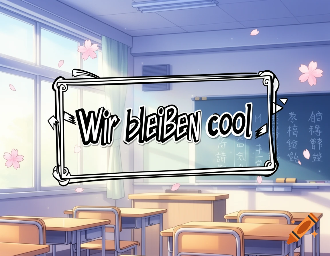 An anime-style classroom filled with cherry blossoms, featuring a floating frame with the text "Wir bleiben cool".