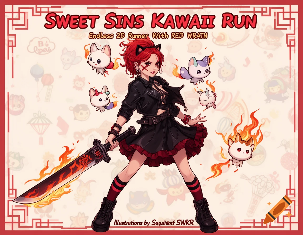 An anime-style girl with red hair, cat ears, and punk attire, holding a flaming sword, surrounded by cute flaming cat-like creatures.