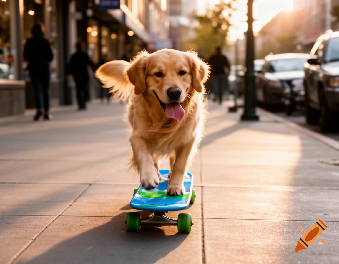 A golden retriever dog rides a skateboard down a sunny city sidewalk.