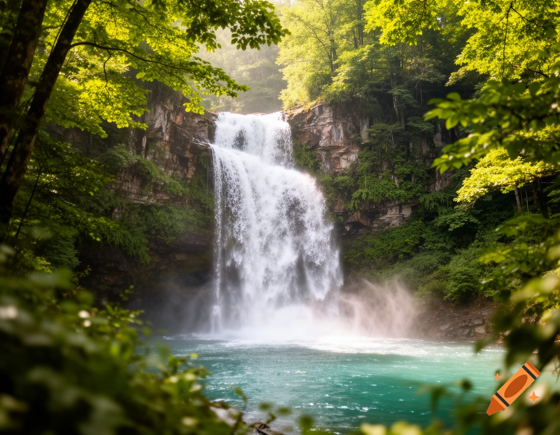 Photorealistic image of a powerful waterfall cascading into a turquoise pool, surrounded by lush green forest and sun-drenched trees.