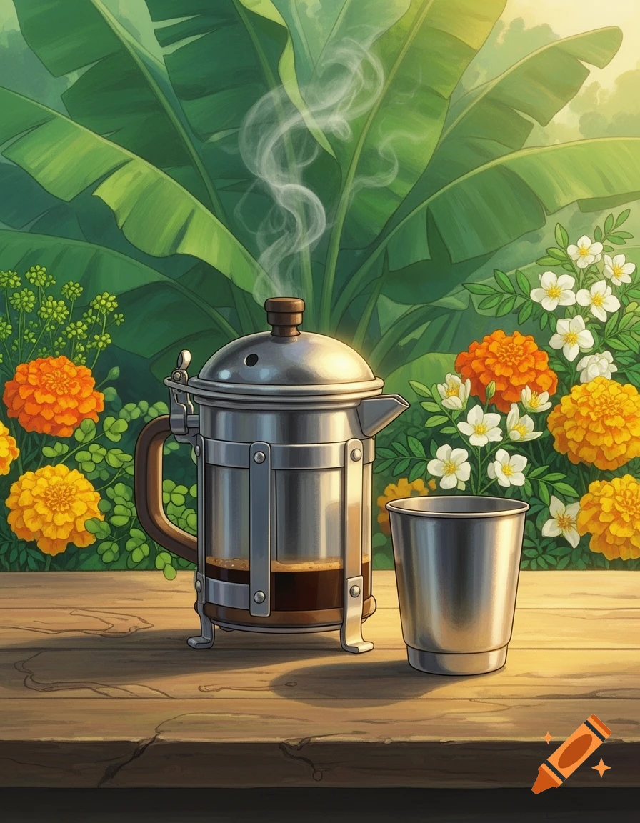 A Ghibli-style illustration of a steaming metal coffee filter and a cup on a wooden table, with lush green plants and colorful flowers in the background.