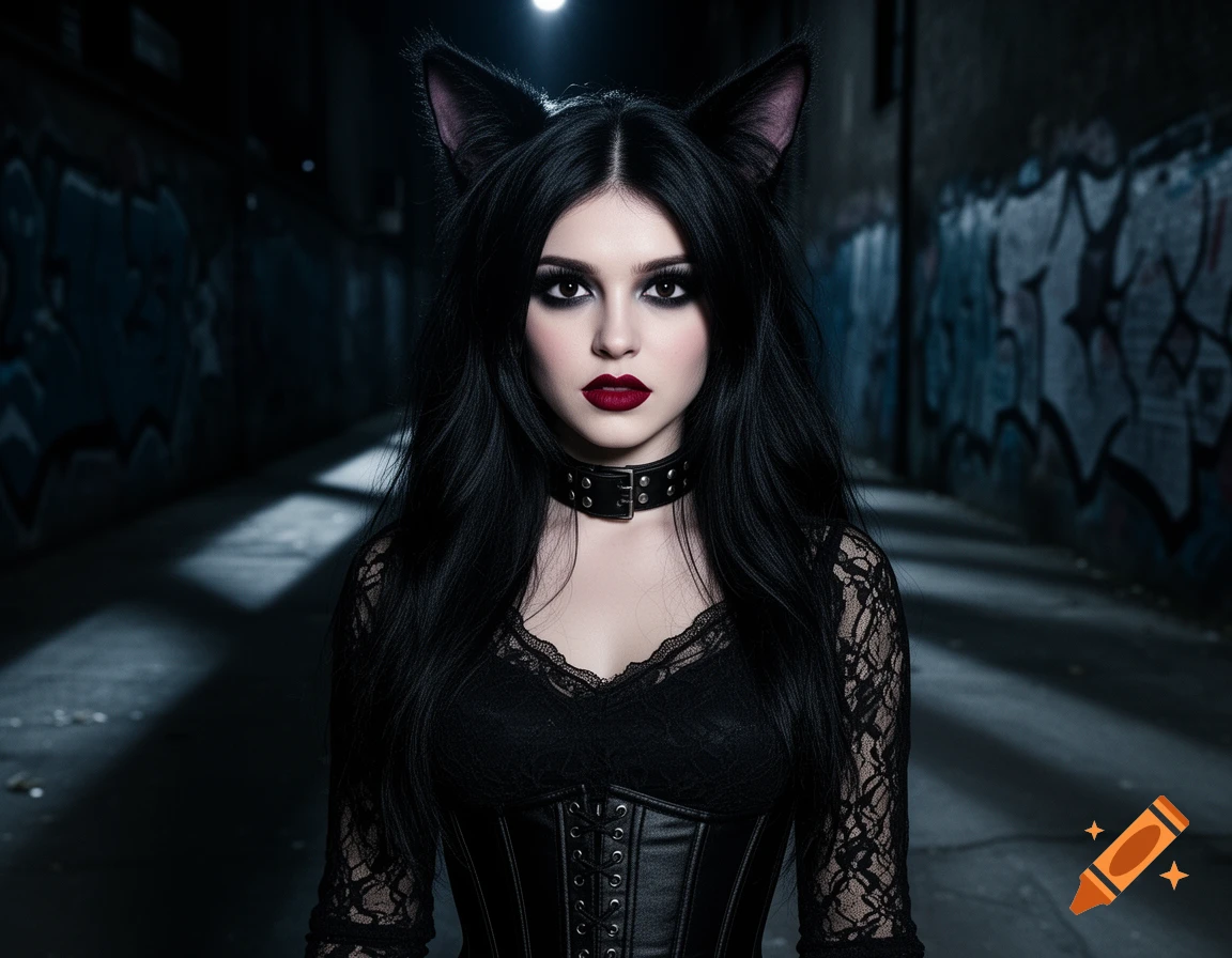 A goth catgirl with dark hair, red lips, and a choker wears a lace top and corset in a dim, graffiti-covered alley.