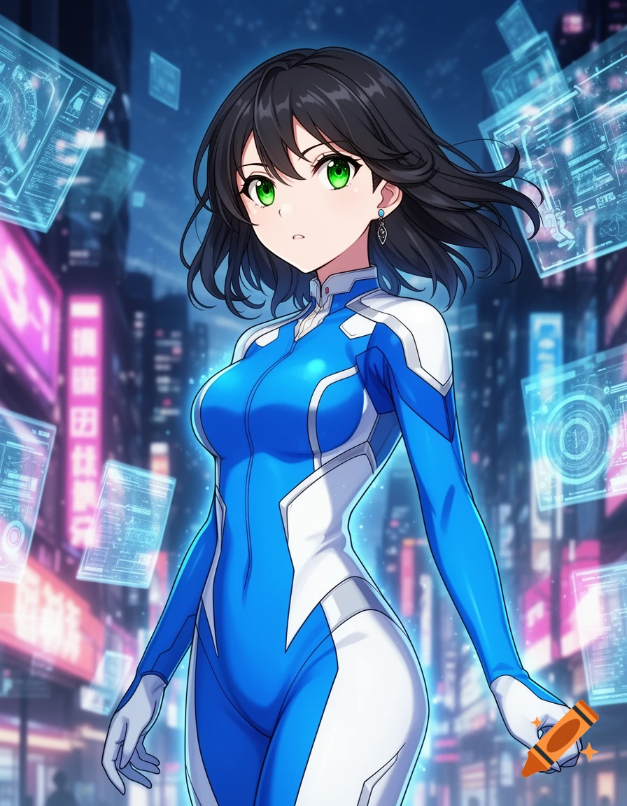 Anime girl in a blue and white jumpsuit standing in a futuristic city street with glowing signs and holographic screens.