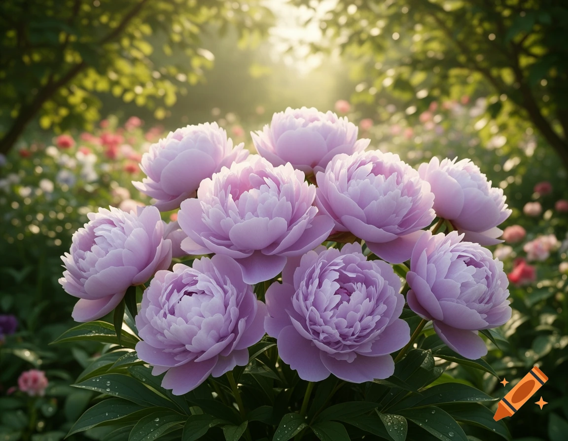 Close-up of a cluster of pale pastel purple and lilac peonies in a sunlit garden.